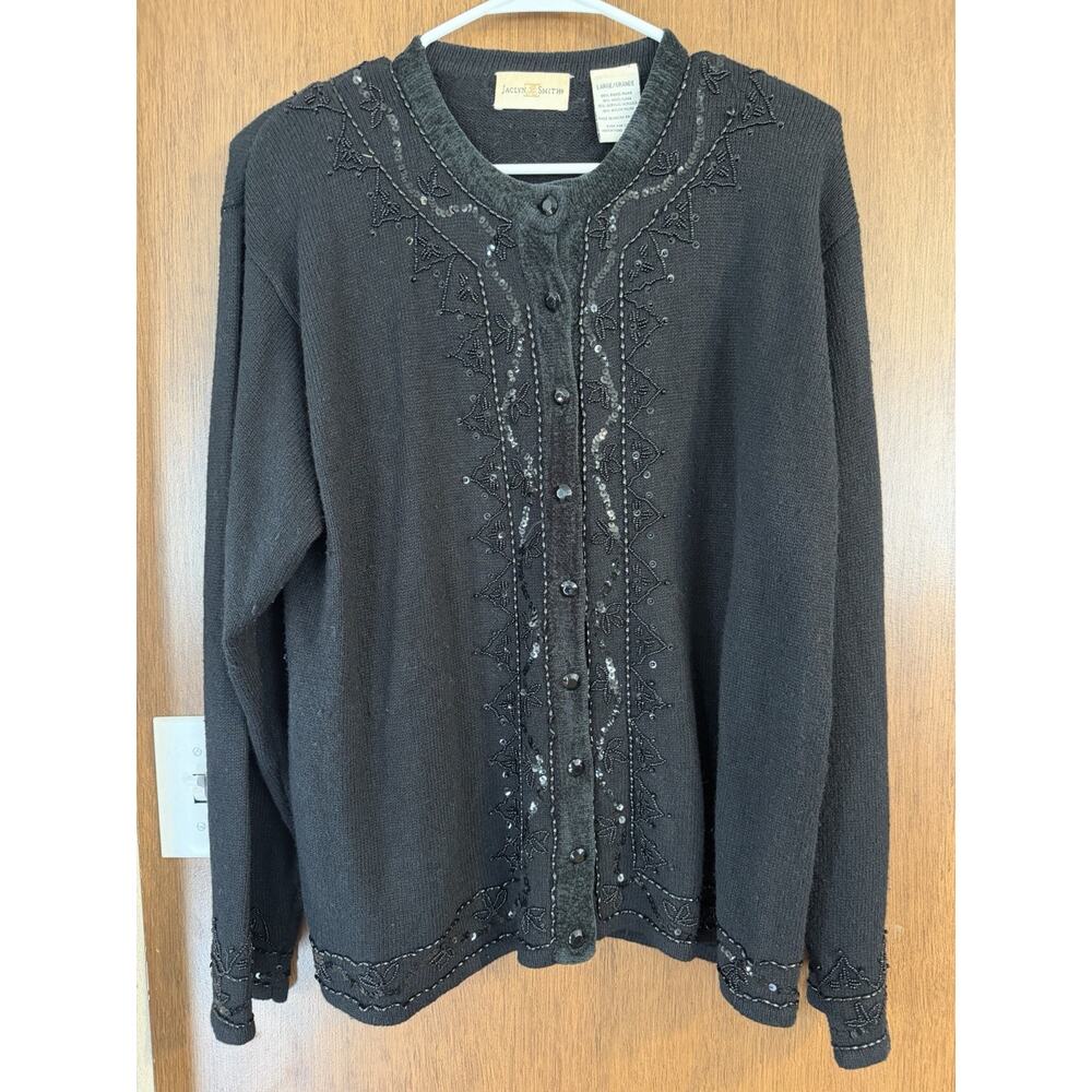VTG Jaclyn Smith Black Cardigan Sweater Size Large Sequins Beaded Black Wool - Picture 2 of 14